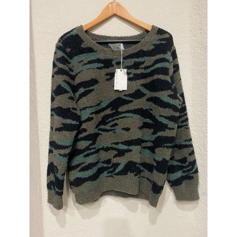 Barefoot Dreams Womens XL CozyChic Seaside Crewneck Pullover Camo Green Soft